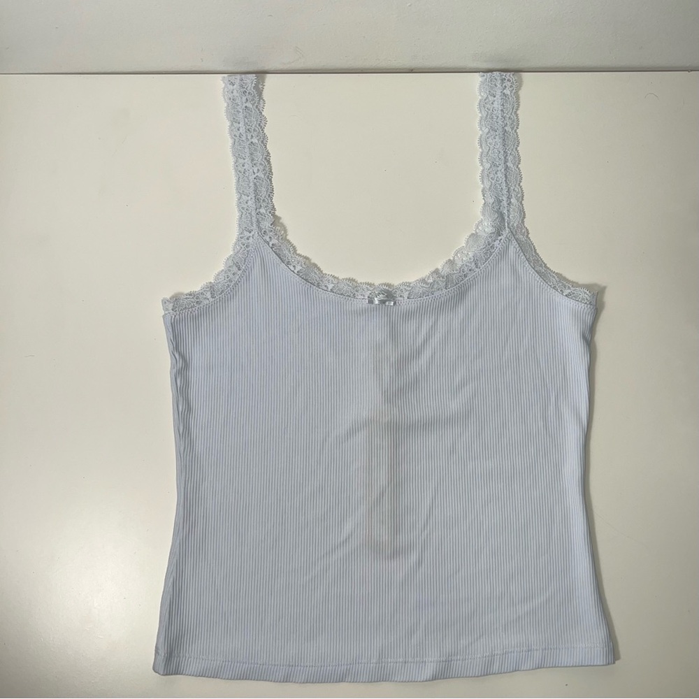 Skims Soft Lounge Lace Trim Ribbed Camisole Cami Shirt in Mineral Blue - Picture 4 of 13